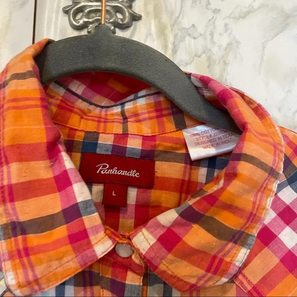 Panhandle large plaid checks orange front pocket Pearl snap button 100% cotton - Picture 4 of 8